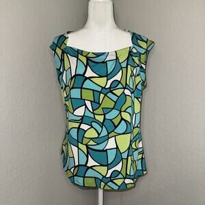 Briggs New York Blouse Top Womens Large Green Blue Teal Geometric Print Y2K Boho